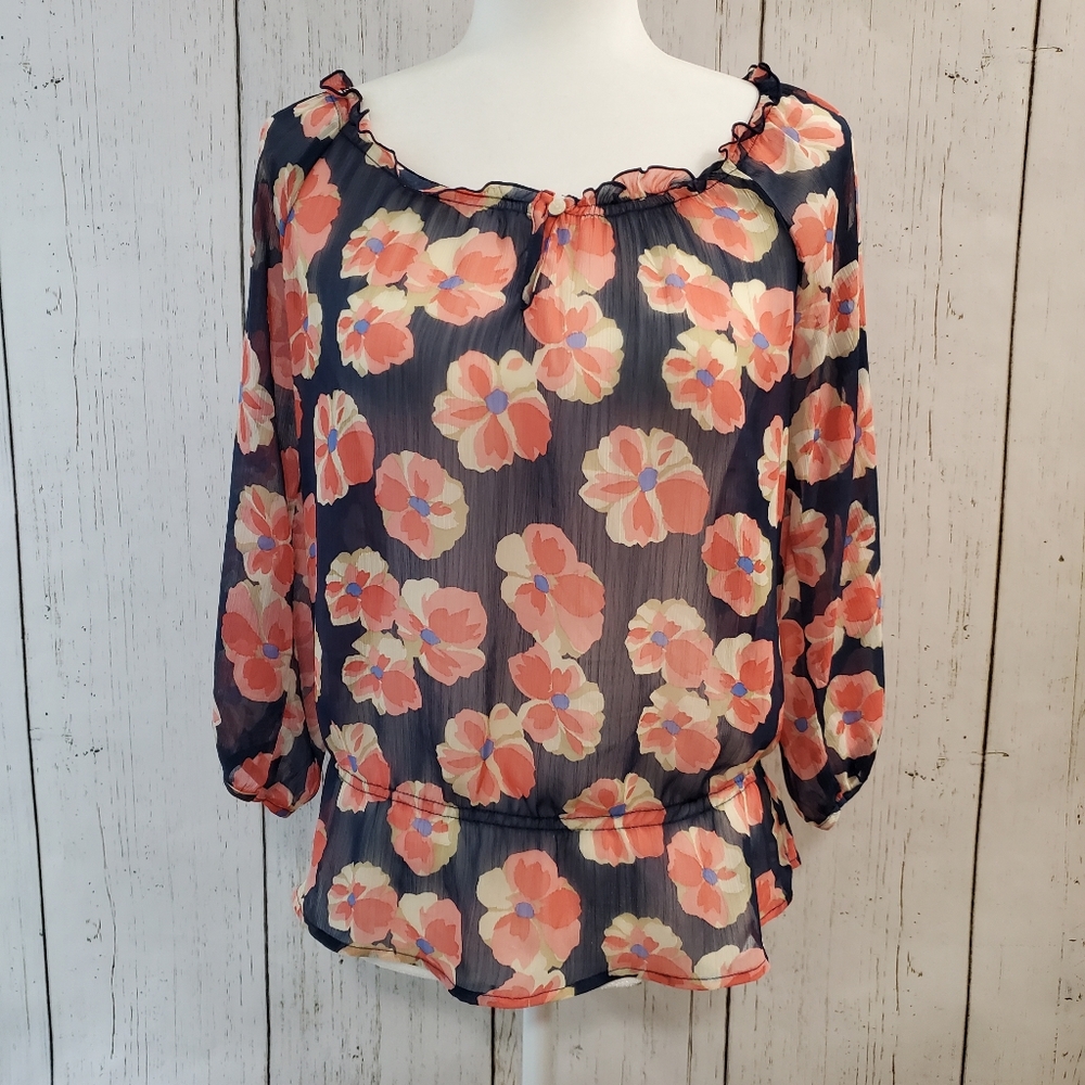Old Navy Coral Flower Sheer Ruffle Blouse Size M